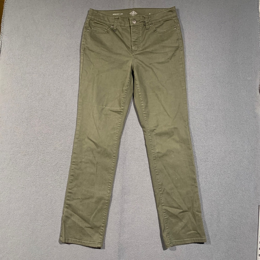 St John's Bay Straight Leg Skinny Leg Pants Set Women 8 Tan Green Stretch Casual